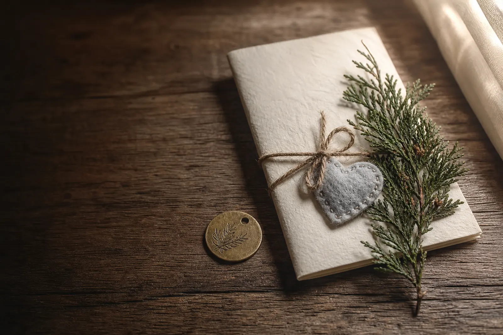 A cream keepsake tied with twine beside a cedar sprig in warm light